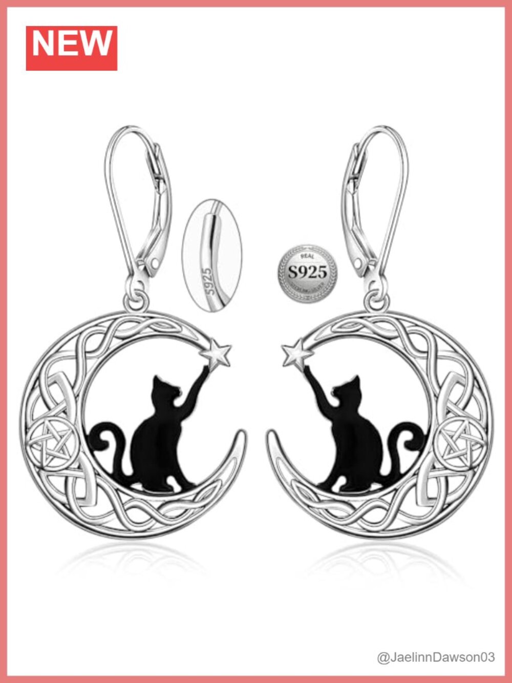 S925 Sterling Silver Black Cat Earrings Teardrop Moonstone Abalone Dangle